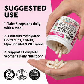 Vue de côté du flacon de multivitamines methylées pour femmes