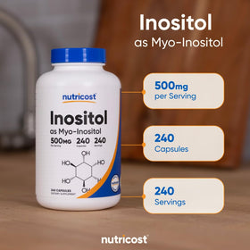 Vue de côté du flacon de Nutricost Inositol, dimensions visibles