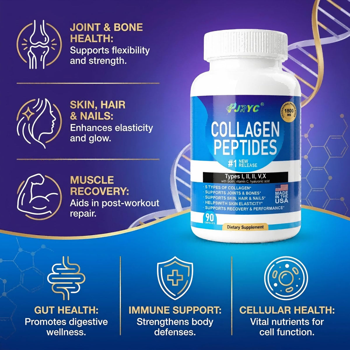 Vue de côté du flacon de PJRYC Multi Collagen Peptides