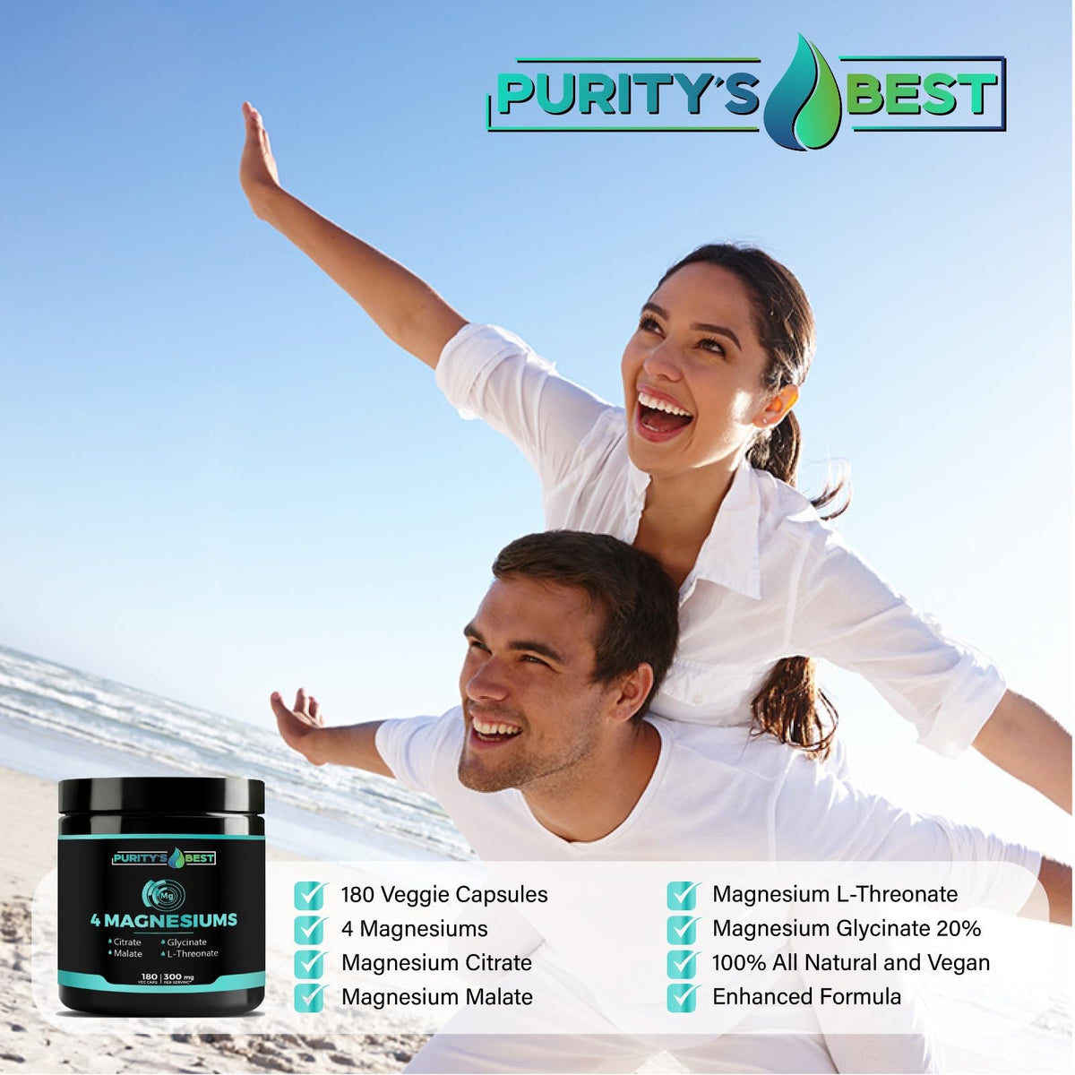 Vue de côté du flacon de Purity's Best Magnésium 300mg