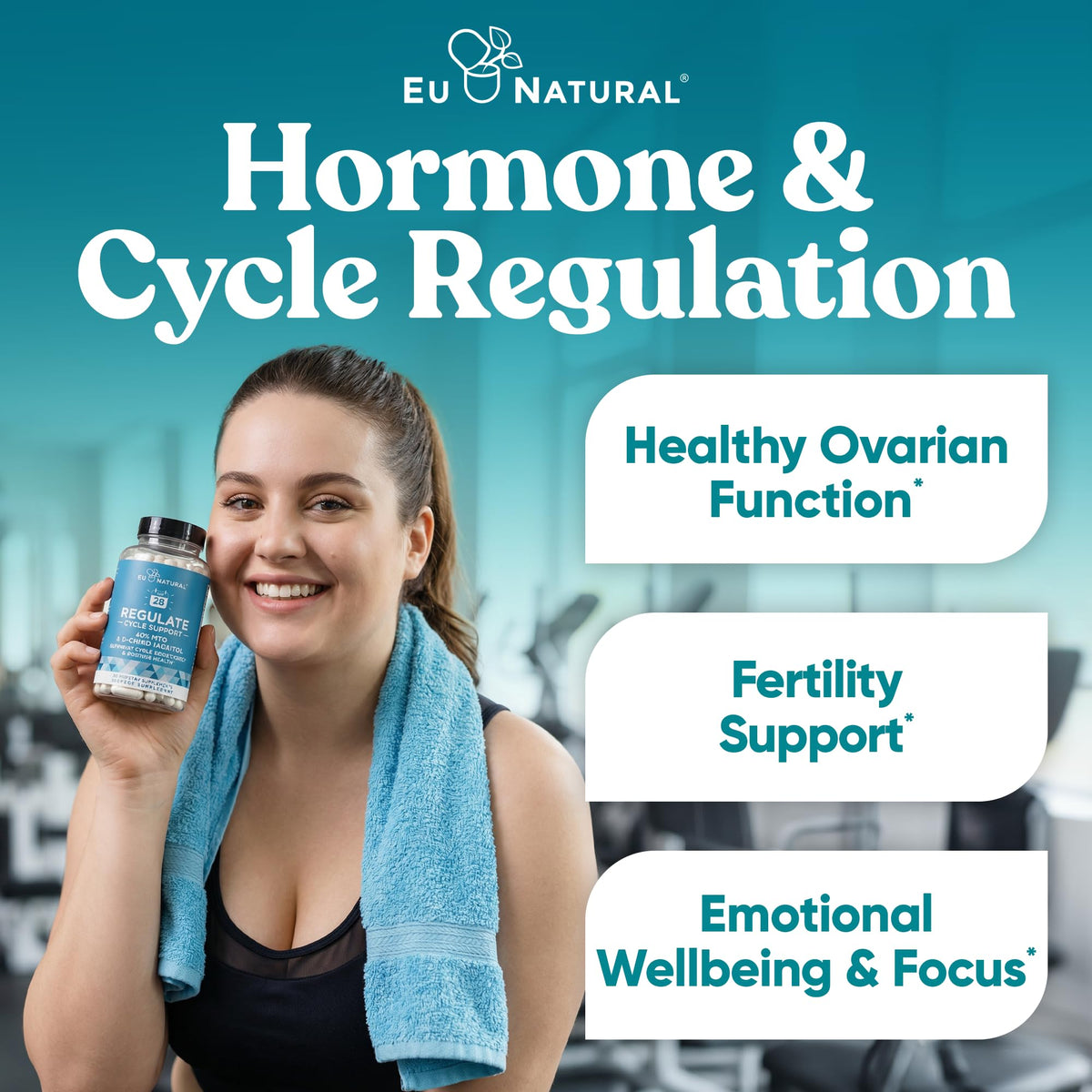 Vue de côté du flacon de Regulate Cycle Support d'Eu Natural