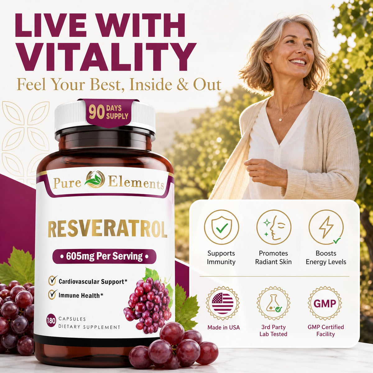 Vue de côté du flacon de Resveratrol 1450mg avec capsules visibles