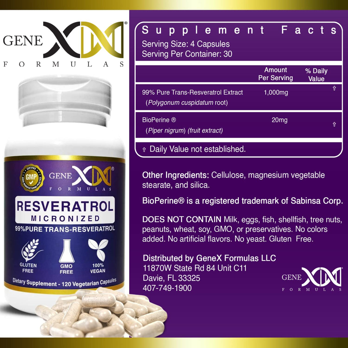 Vue de côté du flacon de Resvératrol Genex Formulas
