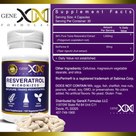 Vue de côté du flacon de Resvératrol Genex Formulas