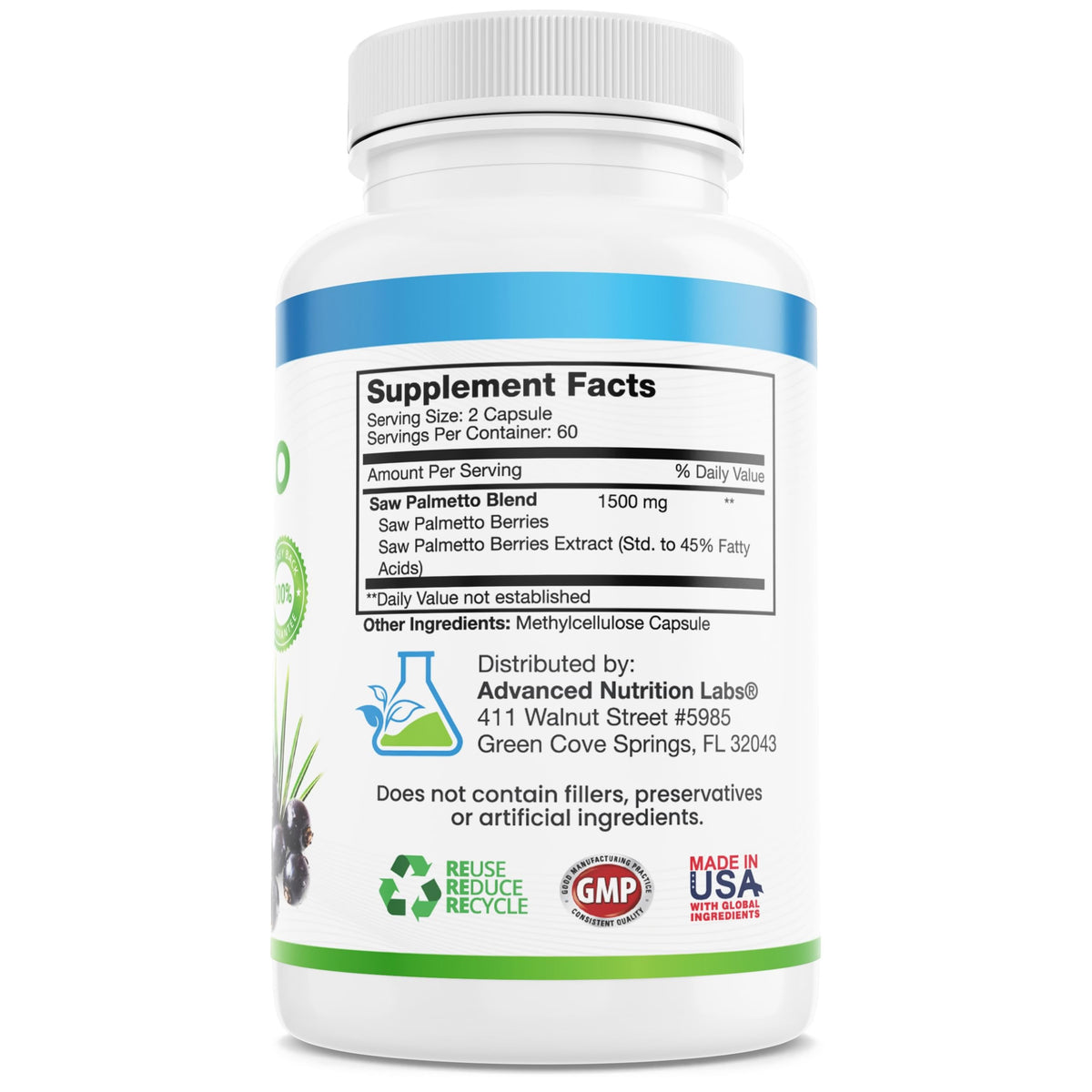 Vue de côté du flacon de Saw Palmetto 1500 mg, étiquette visible