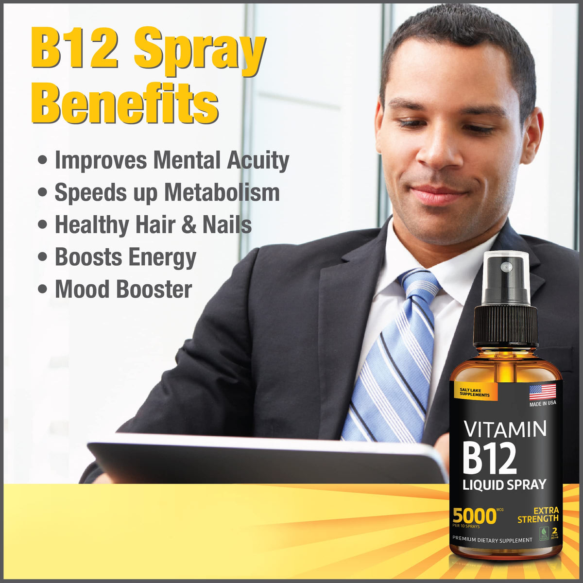 Vue de côté du flacon de spray sublingual B12 5000 mcg