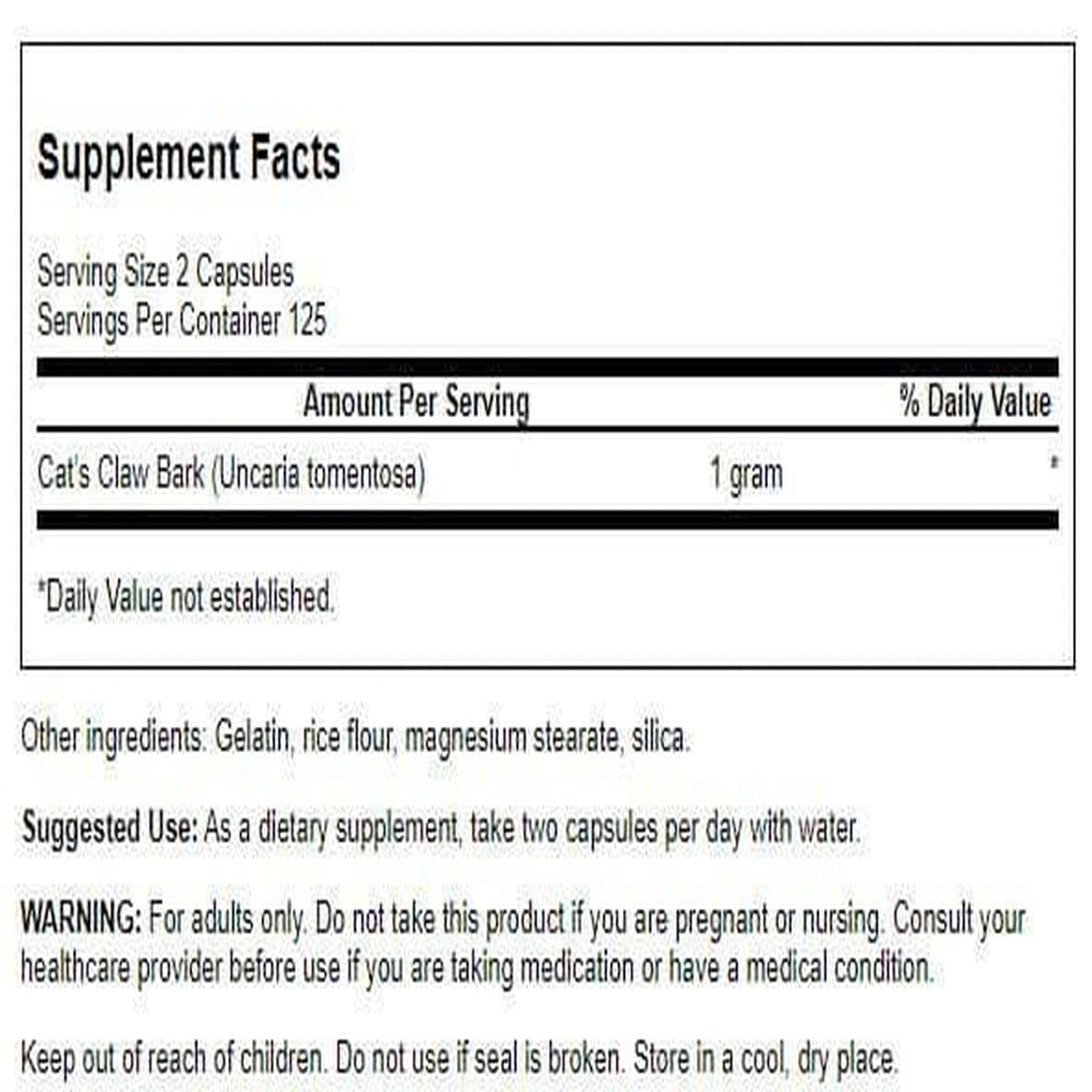 Vue de côté du flacon de Swanson Cat's Claw 500 mg