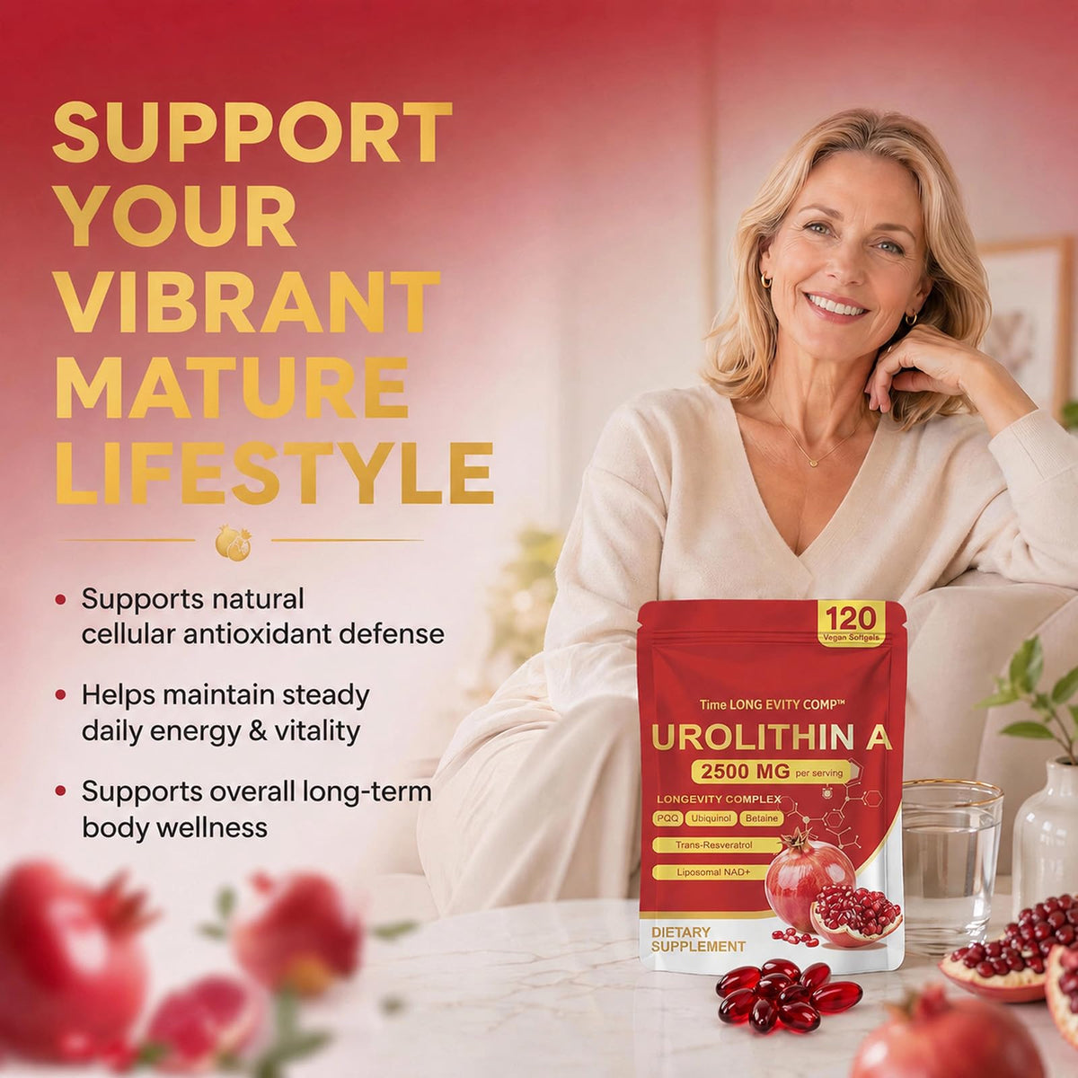 Vue de côté du flacon de Urolithine A 2500mg 120 gélules