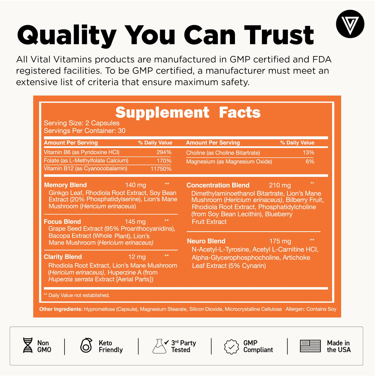 Vue de côté du flacon de Vital Vitamins Brain support Plus