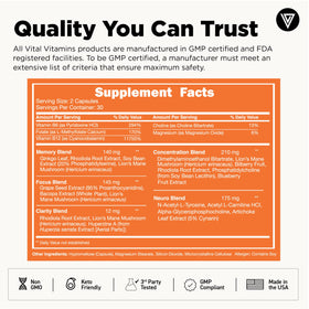 Vue de côté du flacon de Vital Vitamins Brain support Plus