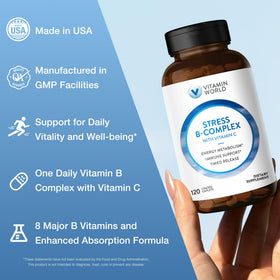 Vue de côté du flacon de Vitamin World B-Complex