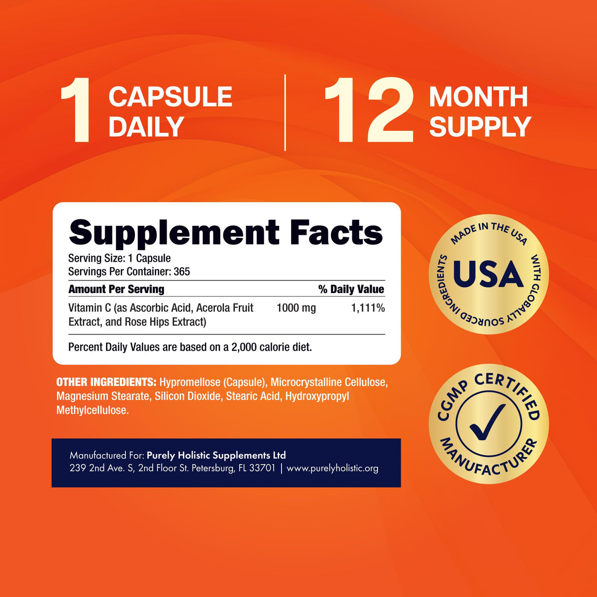 Vue de côté du flacon de Vitamine C 1000mg Purely Holistic