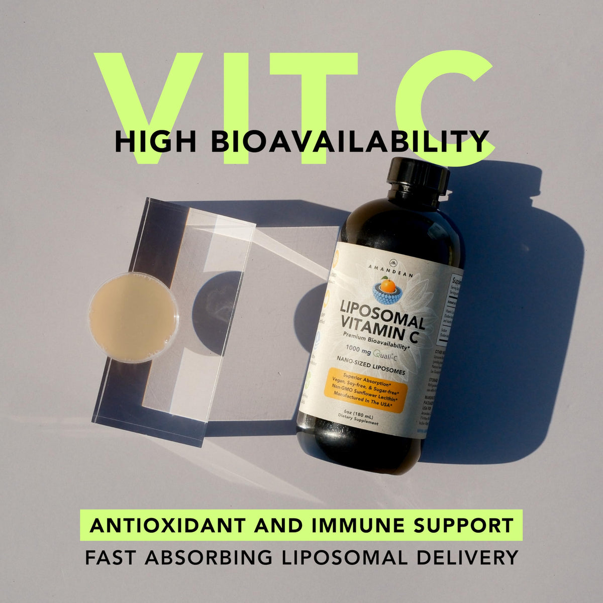 Vue de côté du flacon de vitamine C AMANDEAN
