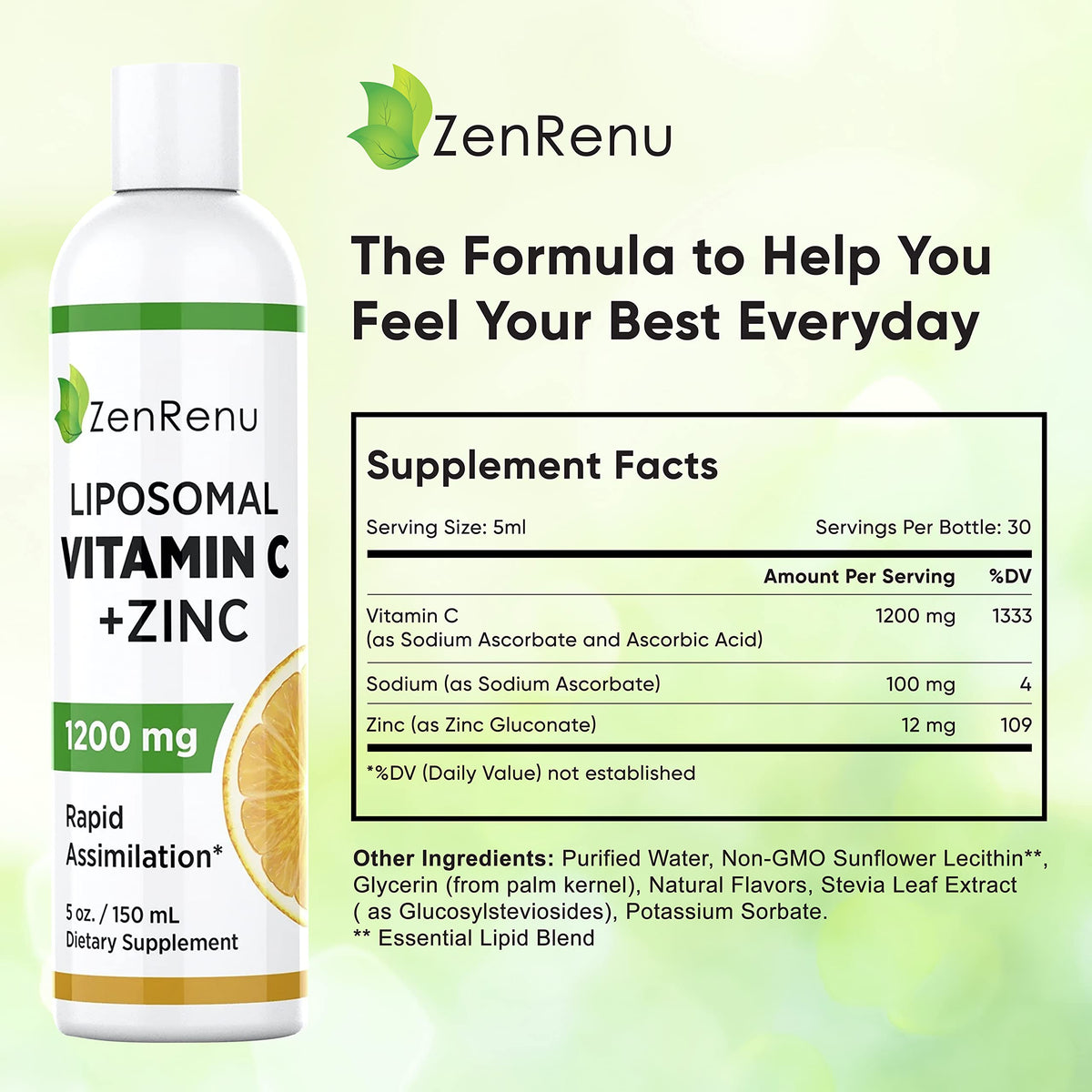 Vue de côté du flacon de Vitamine C et Zinc Zenrenu