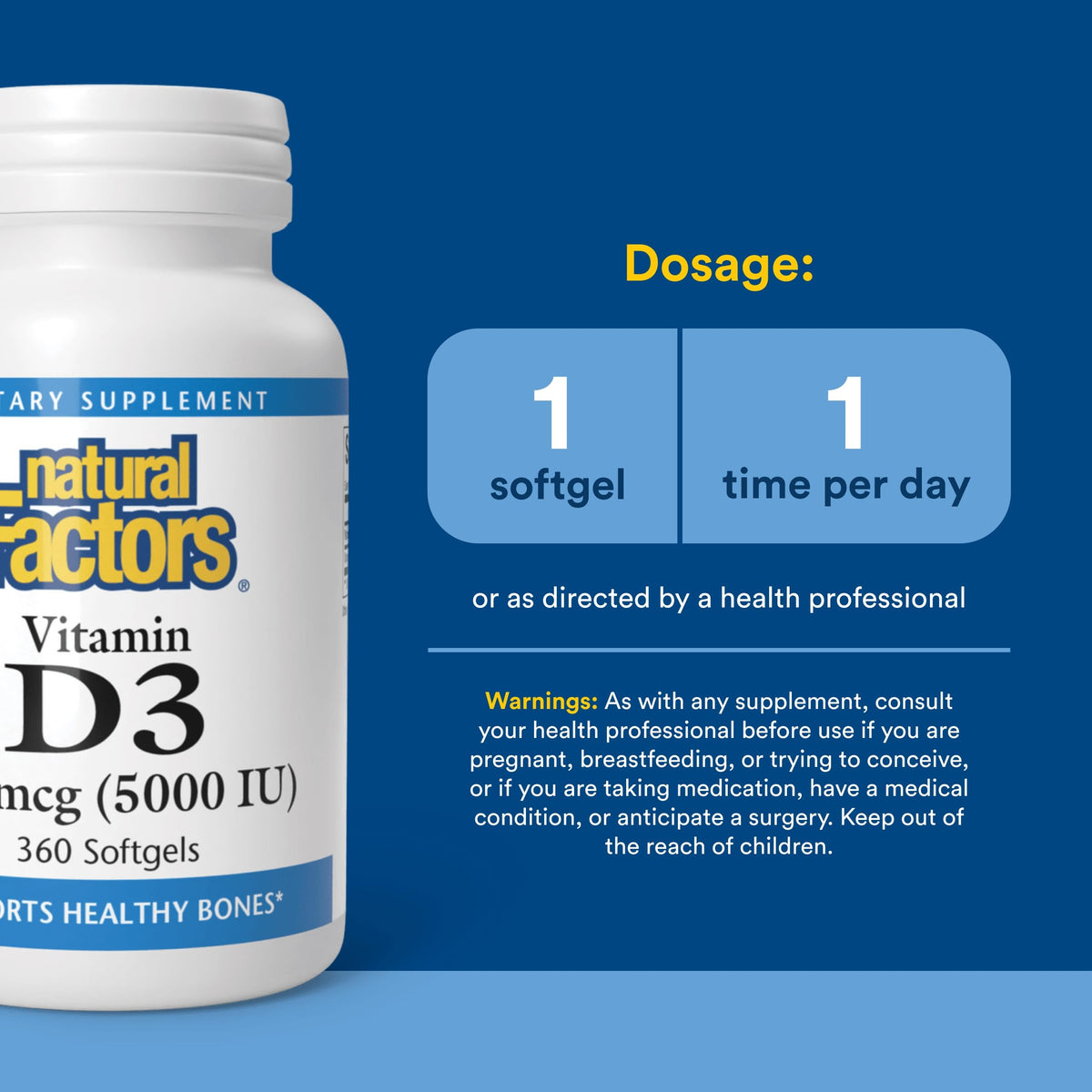 Vue de côté du flacon de Vitamine D3 5000 IU Natural Factors