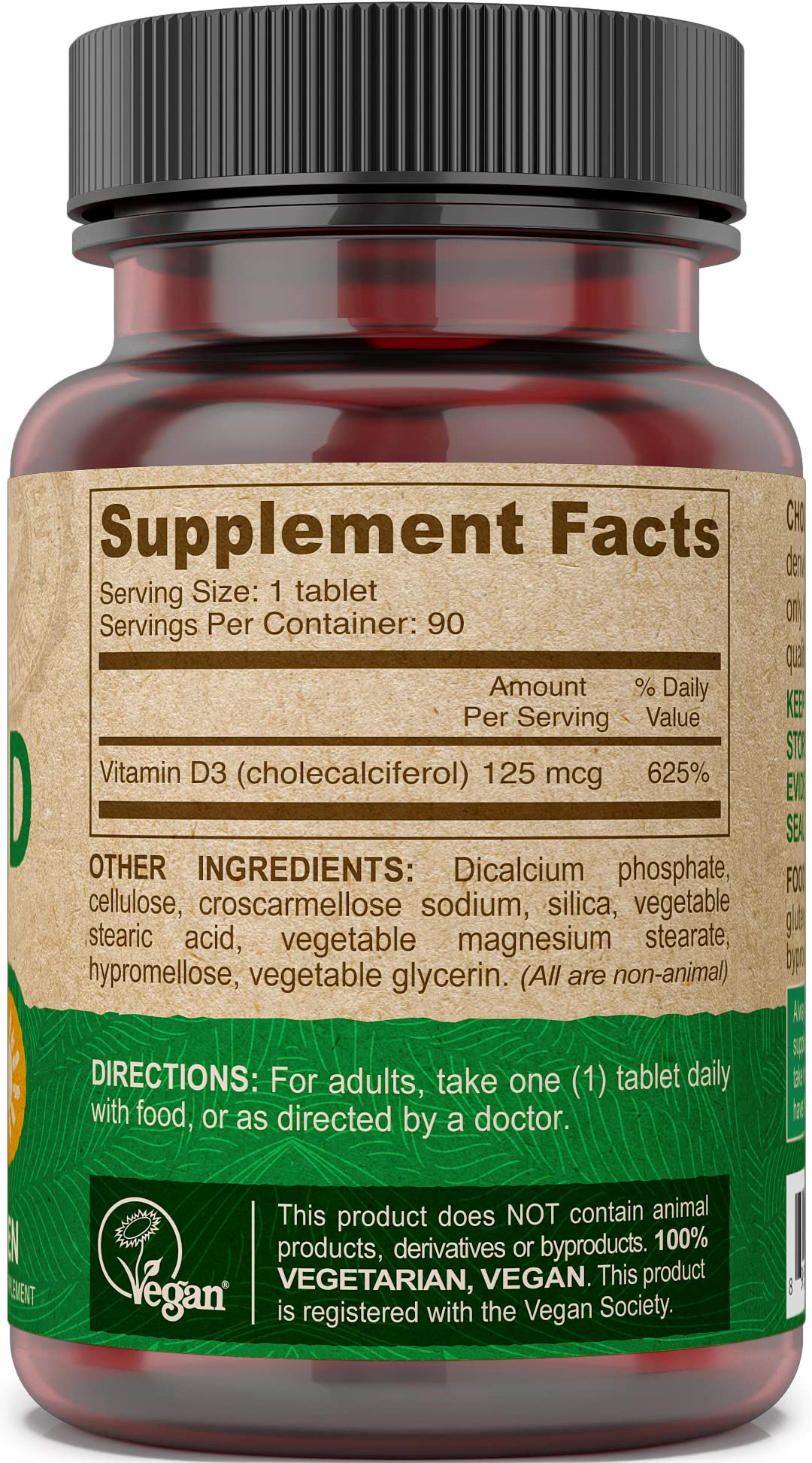 Vue de côté du flacon DEVA Vitamine D3 5000 UI