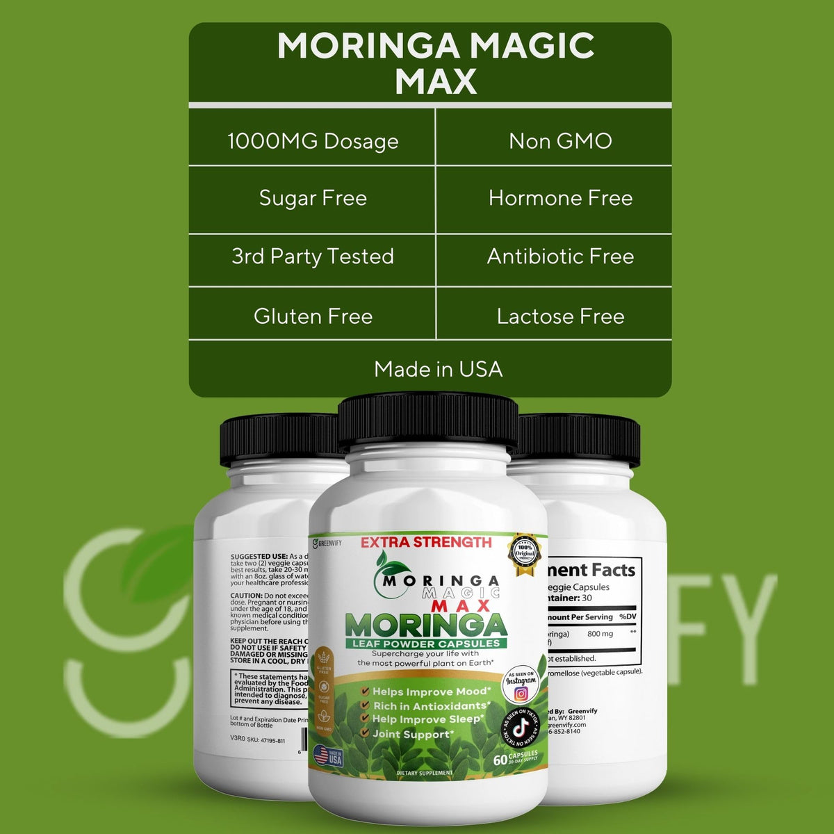 Vue de côté du flacon GREENVIFY Moringa Magic Max 800mg