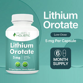 Vue de côté du flacon Lithium Orotate 5 mg Purely Holistic