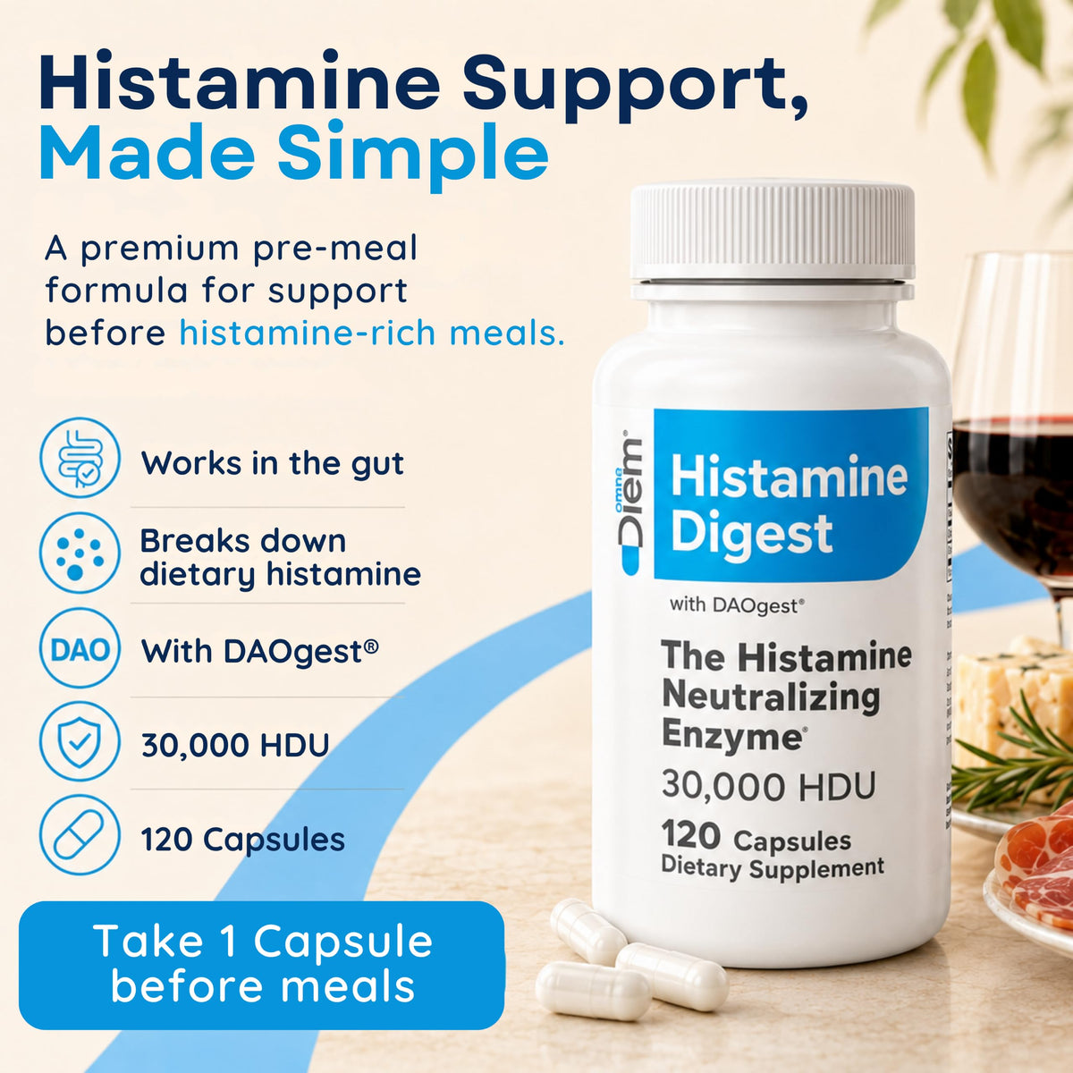 Vue de côté du flacon Omne Diem Histamine Support