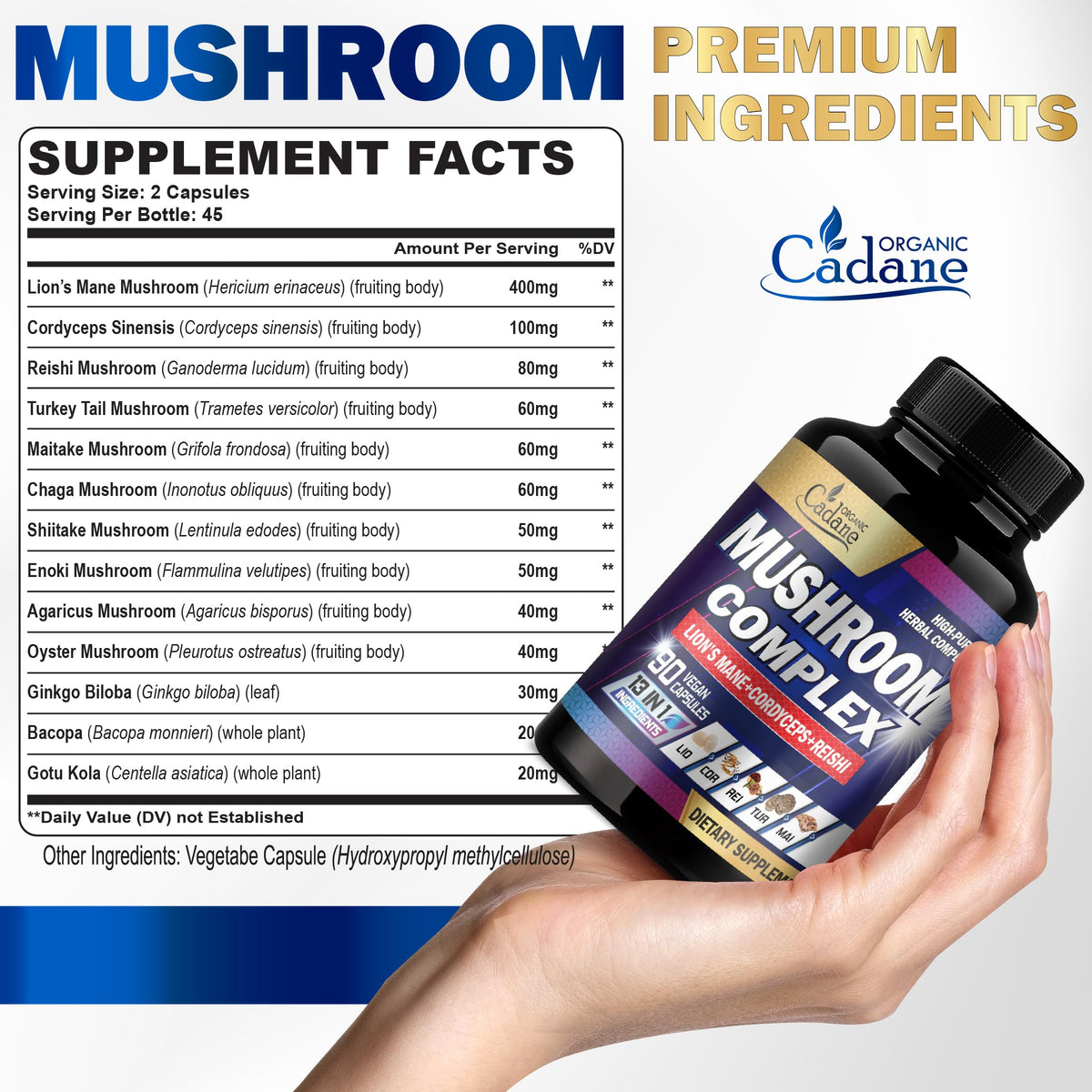 Vue de côté du flacon Organic Cadane avec capsules