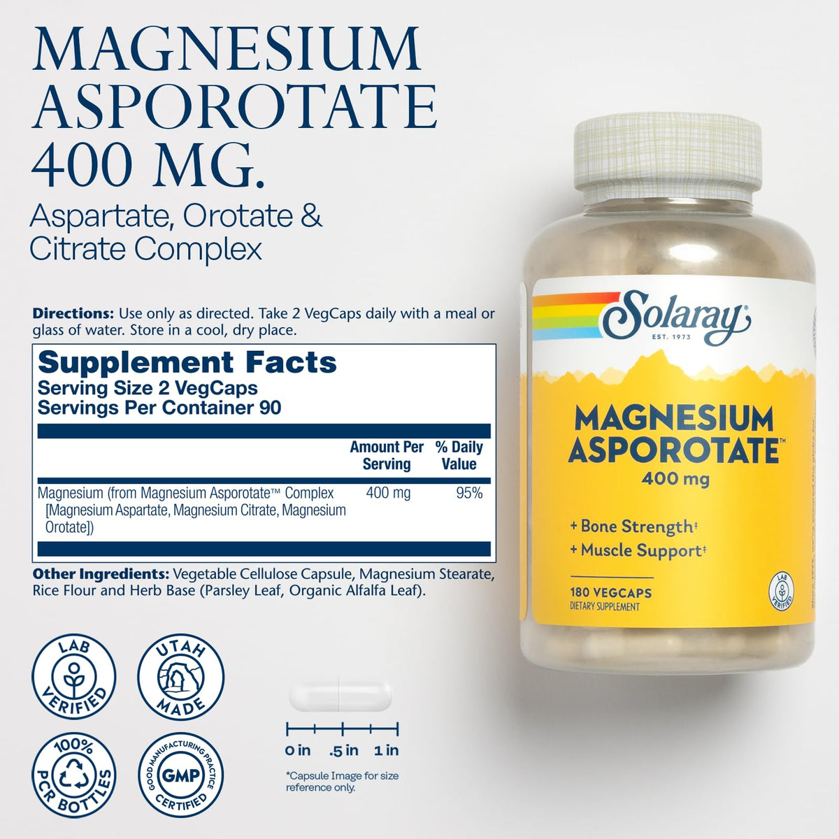 Vue de côté du flacon SOLARAY Magnesium Asporotate 400 mg
