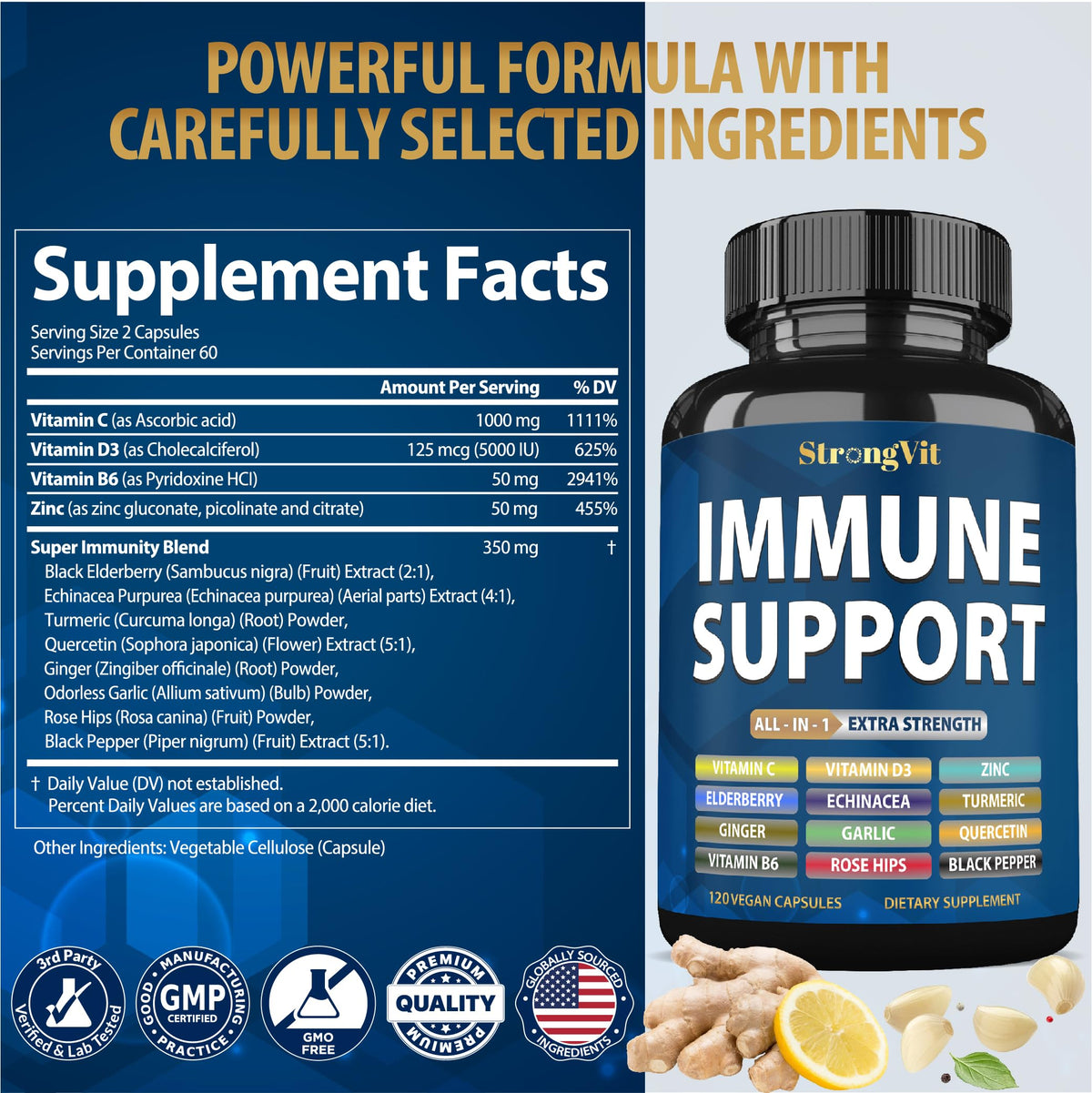 Vue de côté du flacon StrongVit avec capsules