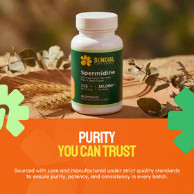 Vue de côté du flacon SUNDIAL SUPPLEMENTS avec capsules de Spermidine