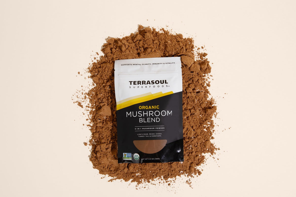 Vue de côté du mélange de cinq champignons Terrasoul Superfoods 168g