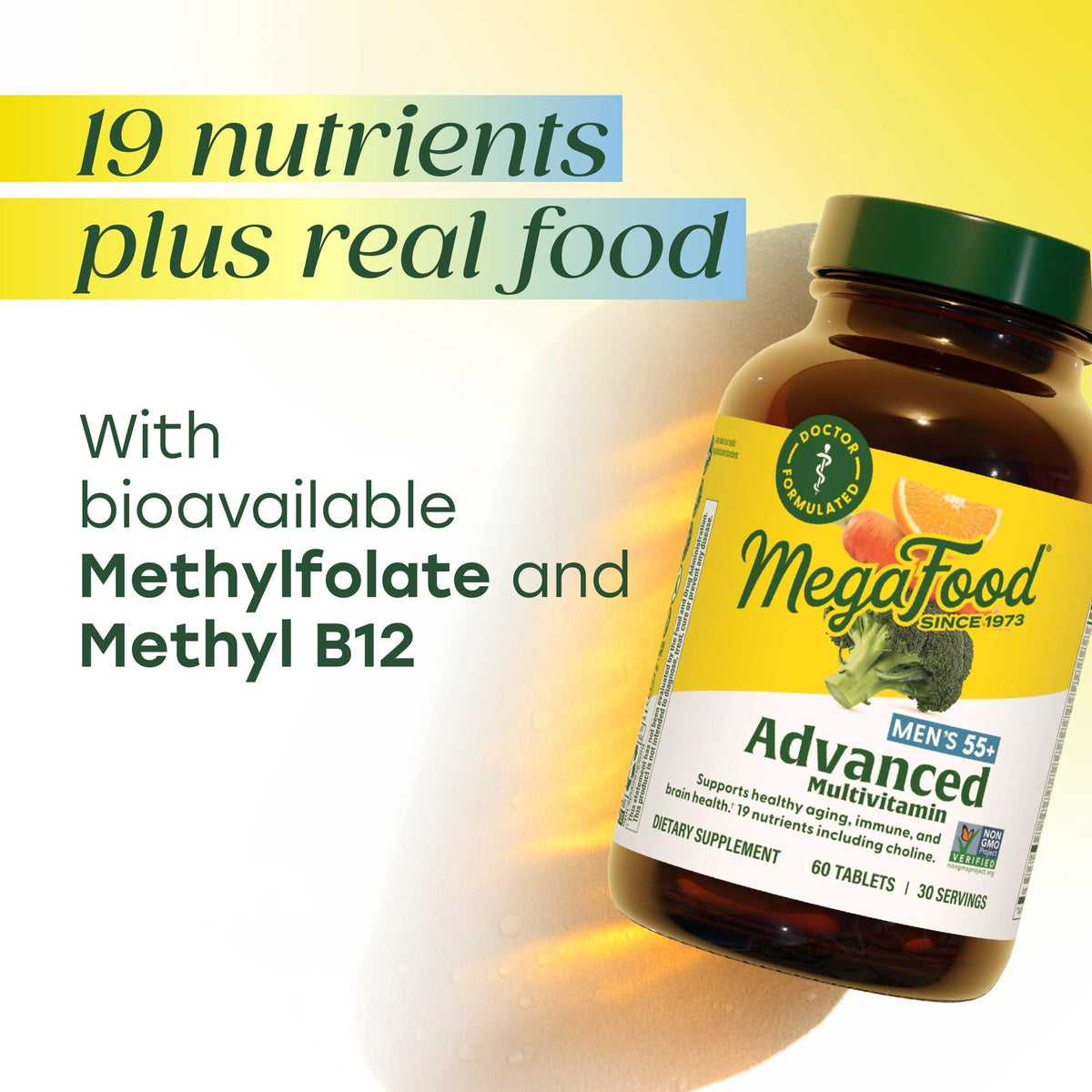 Vue de dessus de la boîte de MegaFood Multivitamine Avancée pour Hommes 55+