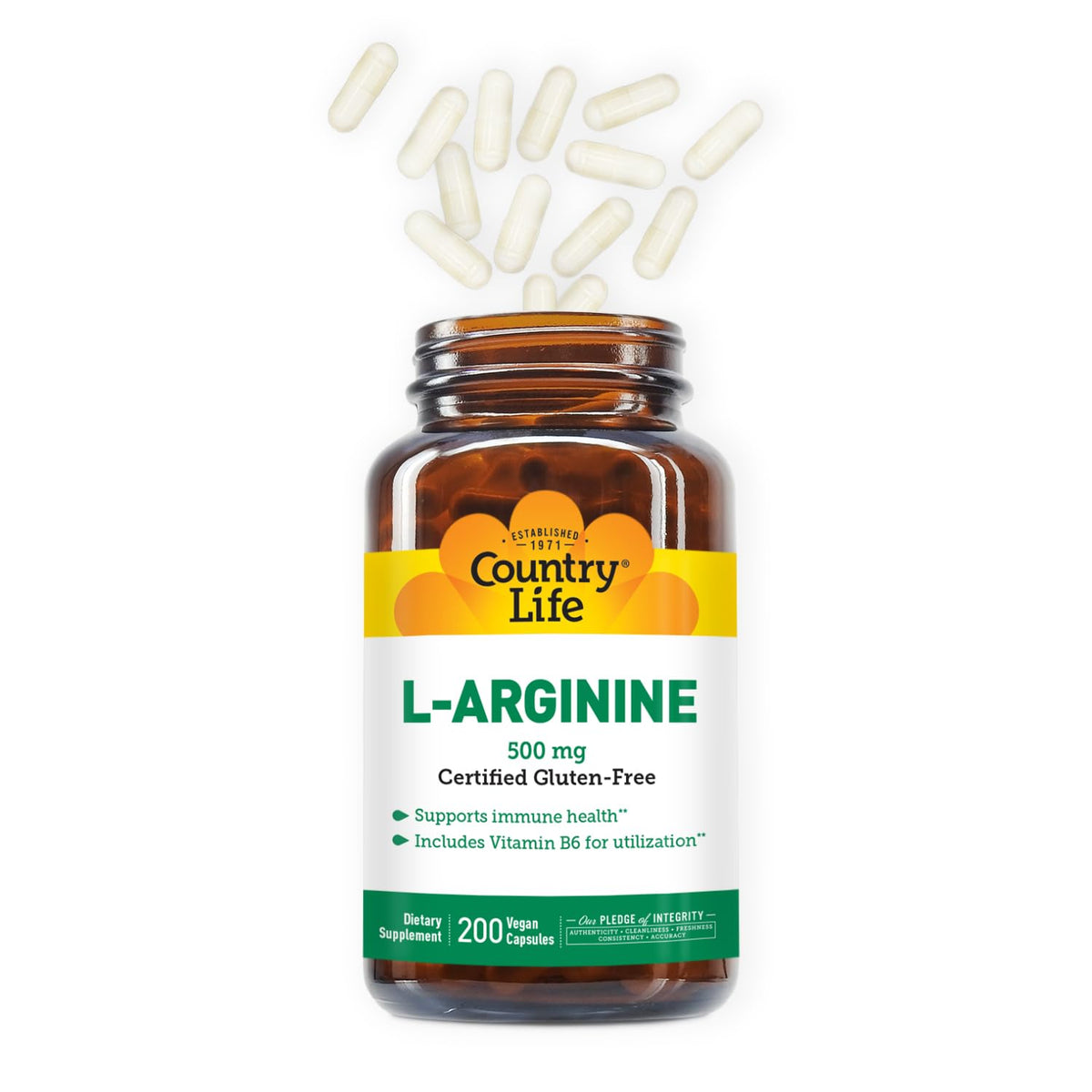 Vue de dessus de la bouteille de L-Arginine 500 mg Country Life