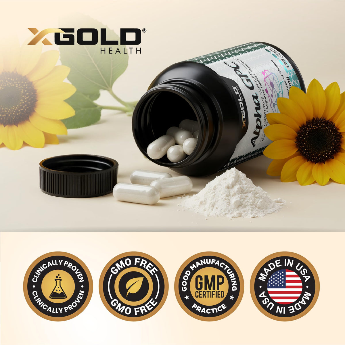 Vue de dessus des capsules Alpha GPC Choline 600mg