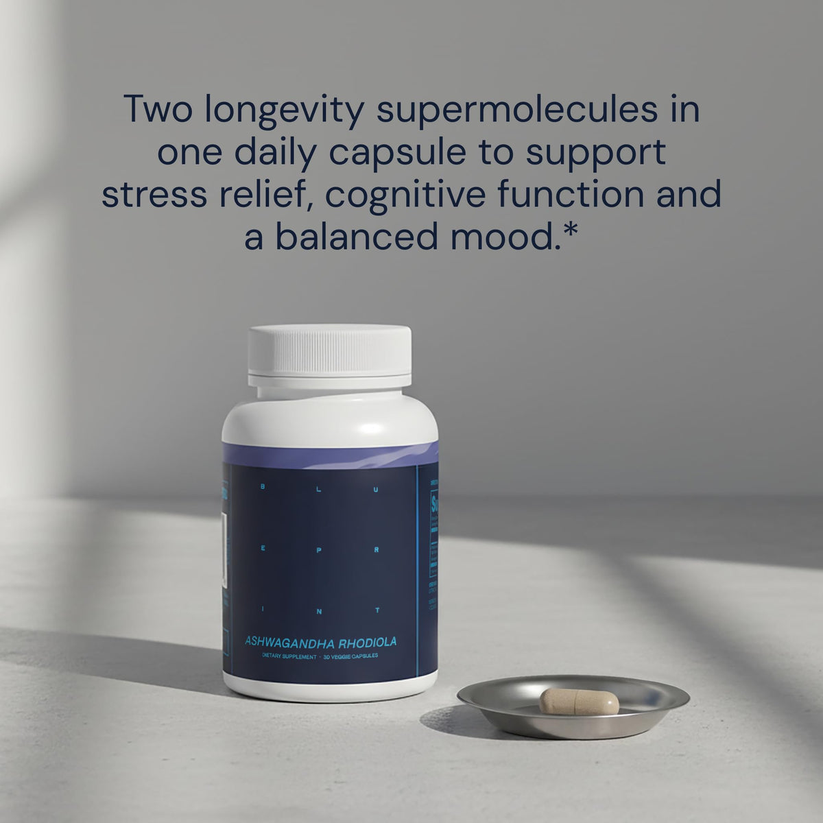 Vue de dessus des capsules Ashwagandha et Rhodiola Blueprint