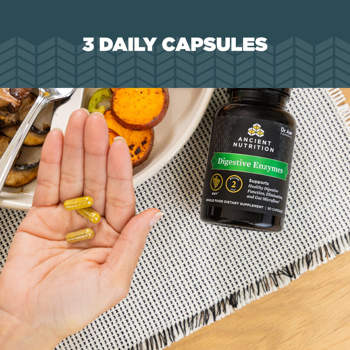 Vue de dessus des capsules d'enzymes daily Ancient Nutrition