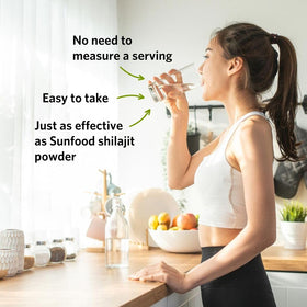 Vue de dessus des capsules de Shilajit Sunfood Superfoods