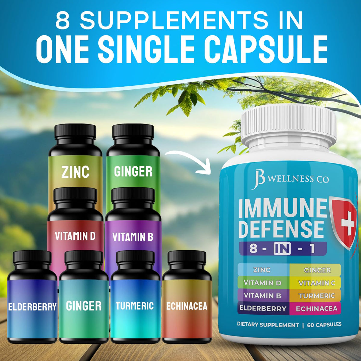 Vue de dessus des capsules JB Wellness Co 8 en 1