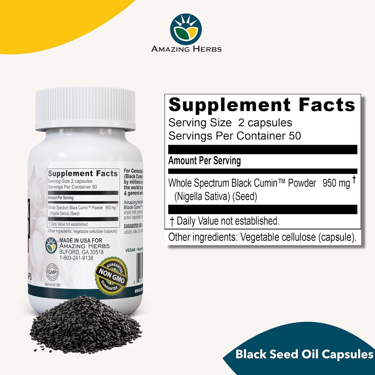 Vue de dessus du flacon de capsules d'huile de graines noires Amazing Herbs