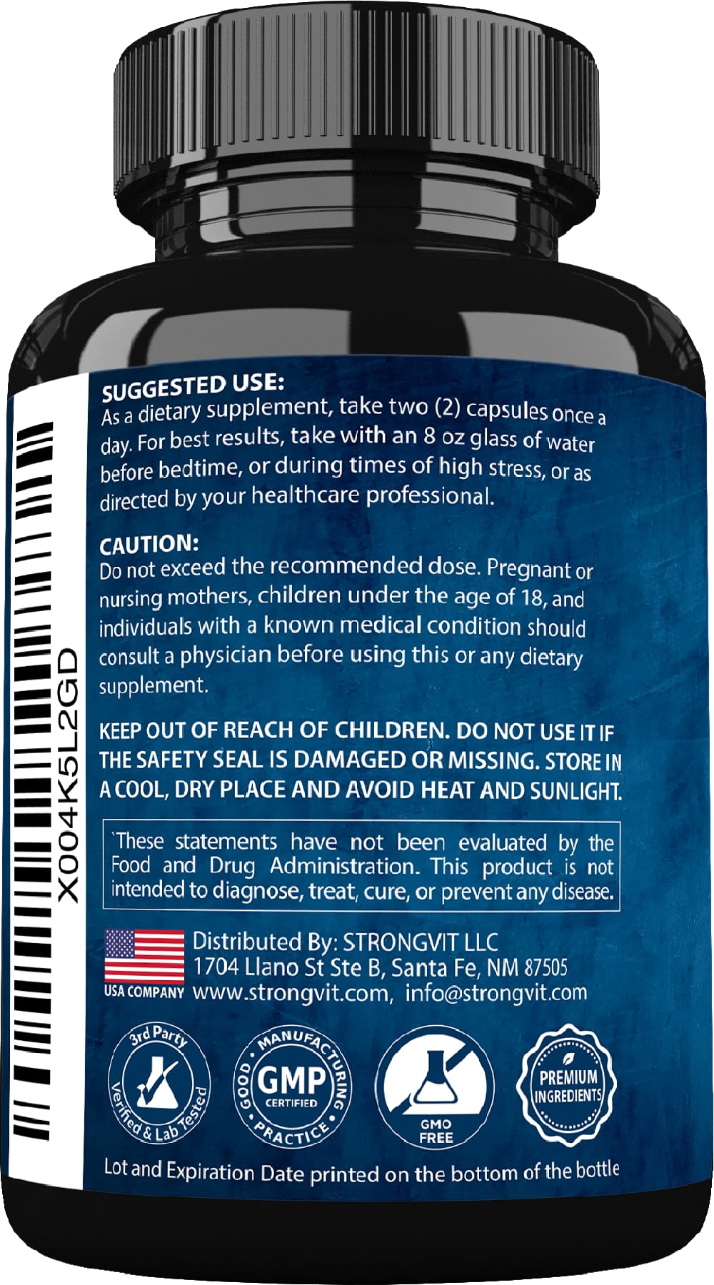 Vue de dos de la bouteille de StrongVit Cortisol avec informations nutritionnelles