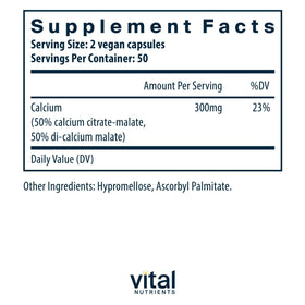 Vue de dos du flacon de Calcium Citrate/Malate Vital Nutrients