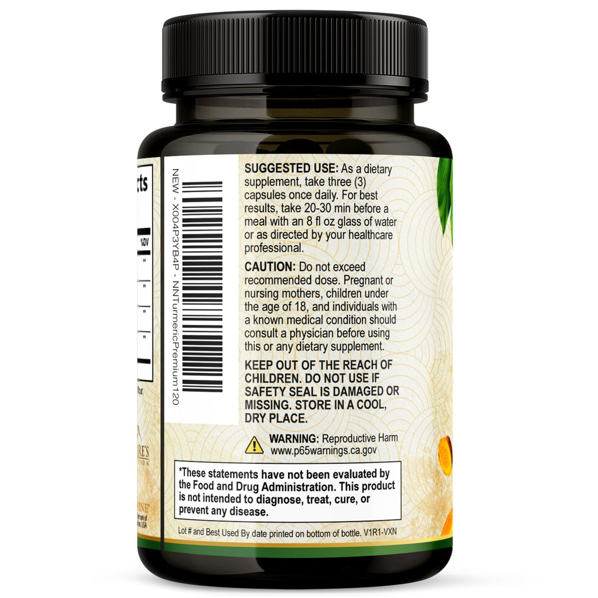 Vue de dos du flacon Nature's Nutrition Complément Curcuma & Gingembre