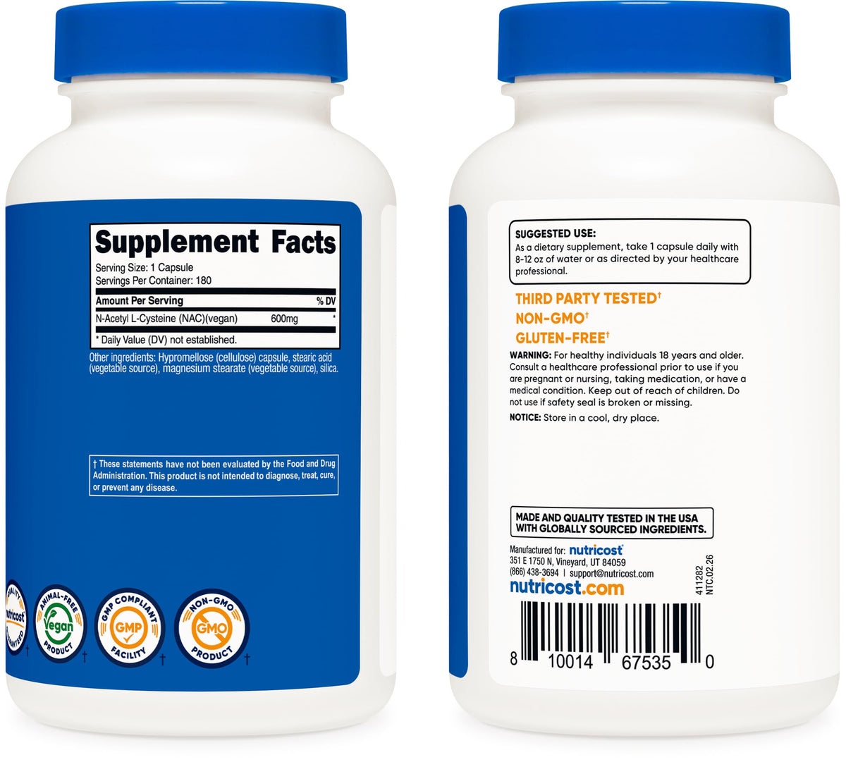 Vue de dos du flacon Nutricost N-Acetyl L-Cysteine 600mg