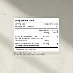 Vue de face des capsules Ashwagandha et Rhodiola Blueprint Bryan Johnson