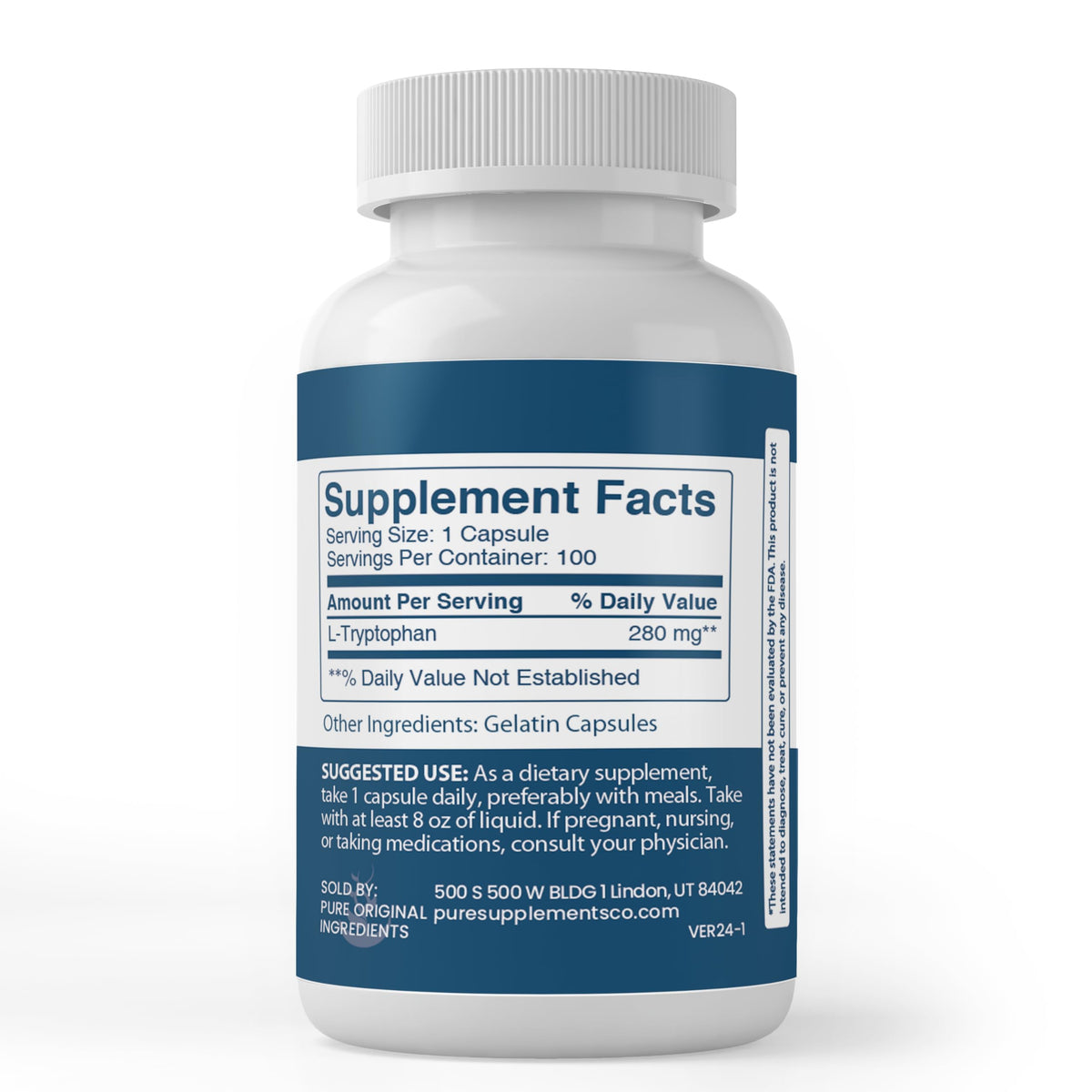 Vue de face des capsules de L-Tryptophan PURE ORIGINAL INGREDIENTS