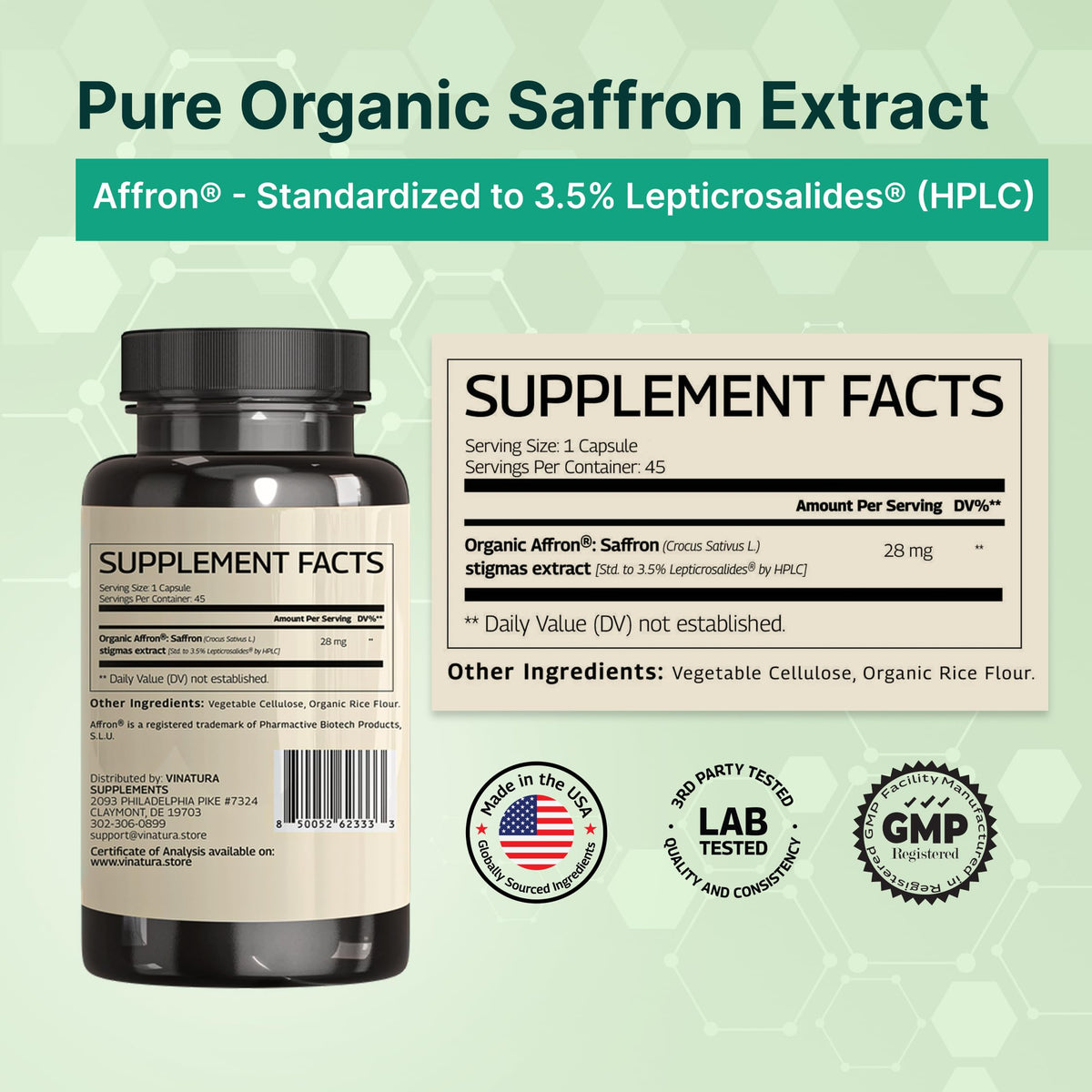 Vue de face des capsules de safran bio VINATURA