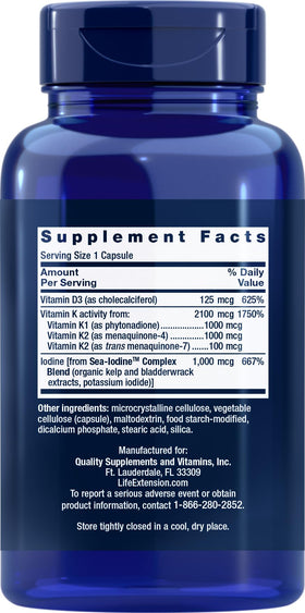Vue de face des capsules de Vitamines D et K Life Extension