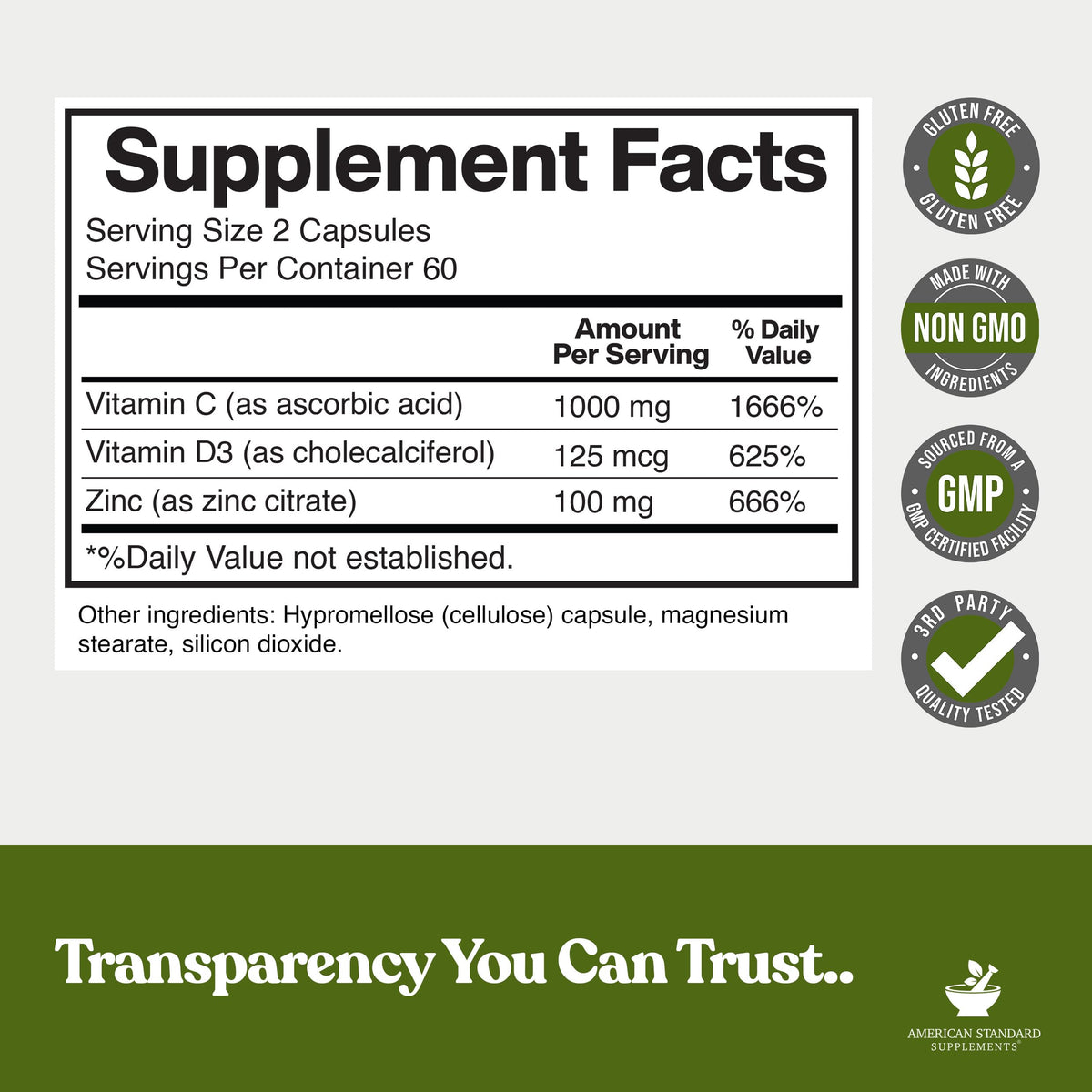 Vue de face des capsules de Zinc, Vitamine C et D3 American Standard
