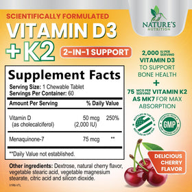 Vue de face des comprimés à mâcher D3 K2 Nature's Nutrition