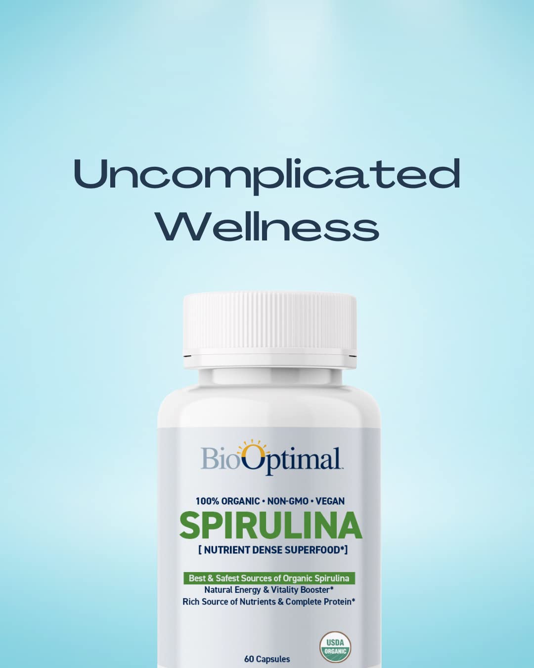 Vue de face des comprimés de spiruline BioOptimal