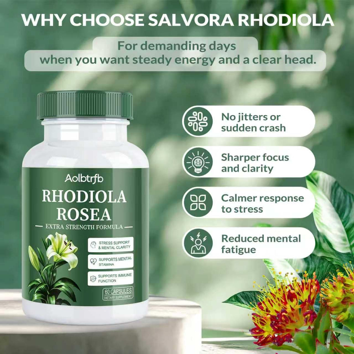 Vue de face du flacon de Rhodiola Rosea Aolbtrfb