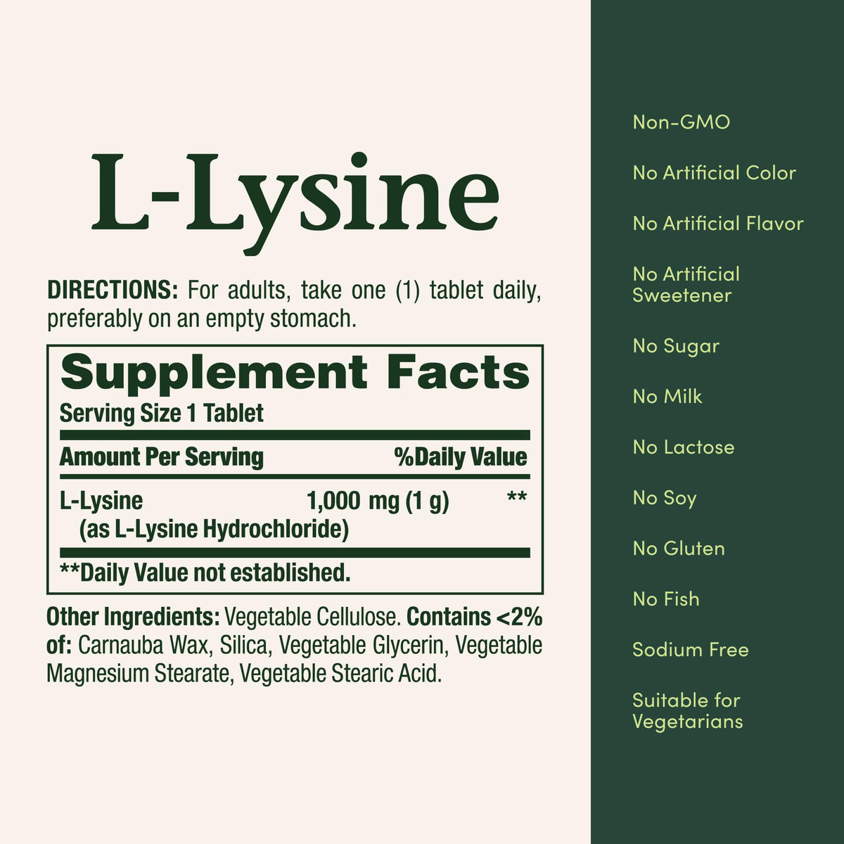 Vue de l'arrière de l'emballage de L-Lysine Nature's Bounty