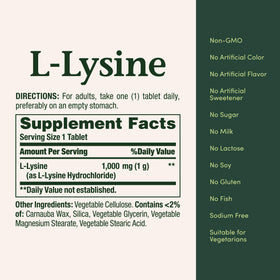 Vue de l'arrière de l'emballage de L-Lysine Nature's Bounty